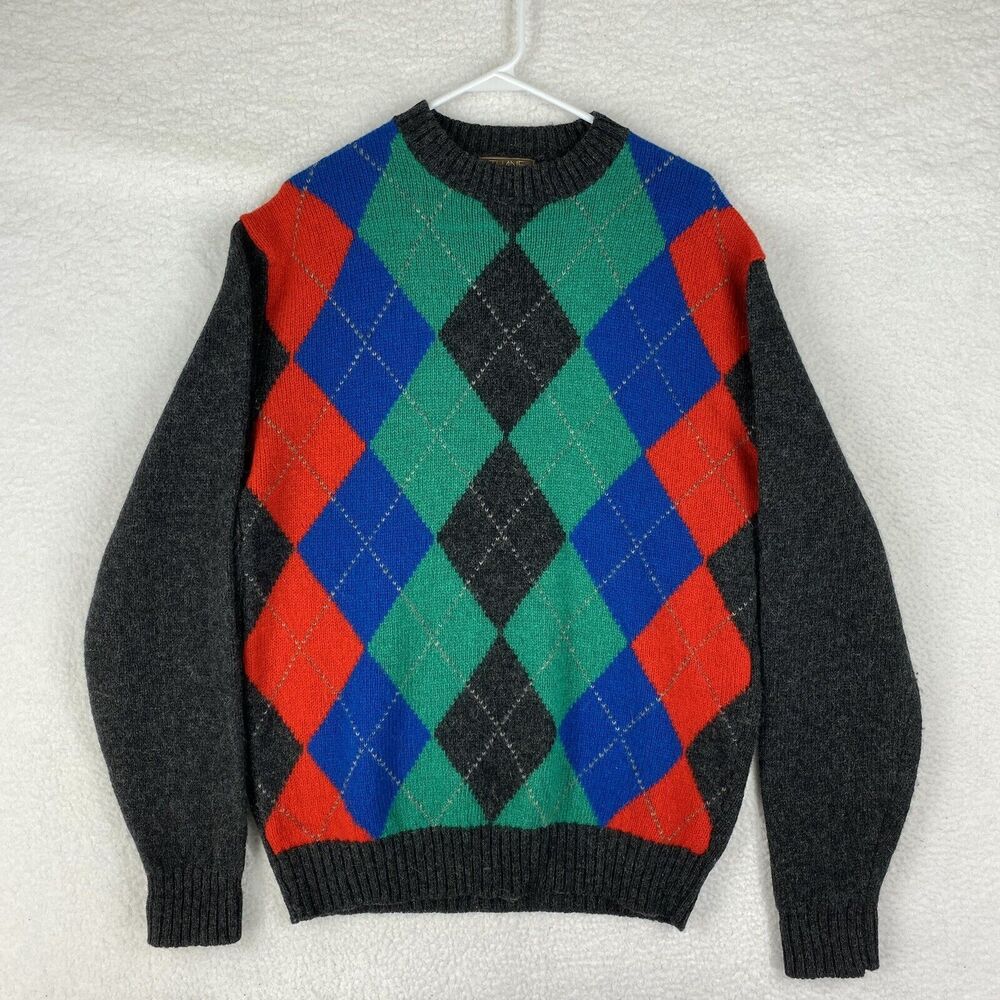 Vtg Thane Sweater Mens XL Multicolor 100% Shetland Wool Argyle Crew Neck Grandpa